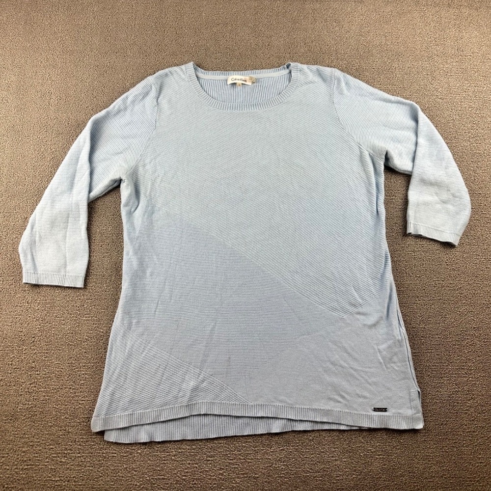 Calvin Klein Sweater Women L Blue Cotton Viscose 3/4 Sleeve Scoop Neck Soft Girl